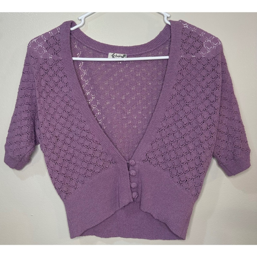 Intimately Free‎ People SAY IT Purple Pointelle Knit Cropped Shrug Cardigan S
